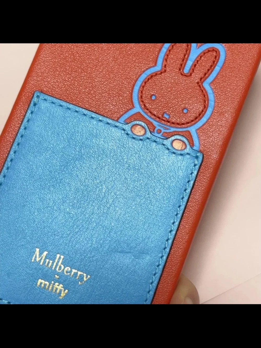 Mulberry Orange Leather Phone Case with Blue Pocket and Strap